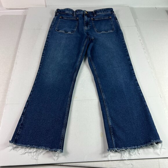Zara Jeans Women 32 x 25* High Rise Boot Cut Crop Dark Blue Raw Hem Denim Tag 12 - Picture 1 of 16